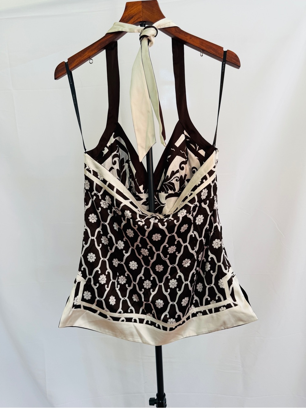 Bebe.  Reversible Women’s Brown and Cream Halter Silk Top - Picture 4 of 6